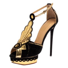 Charlotte Olympia Black/Gold Suede And Leather Strap Platform Sandals Size 41