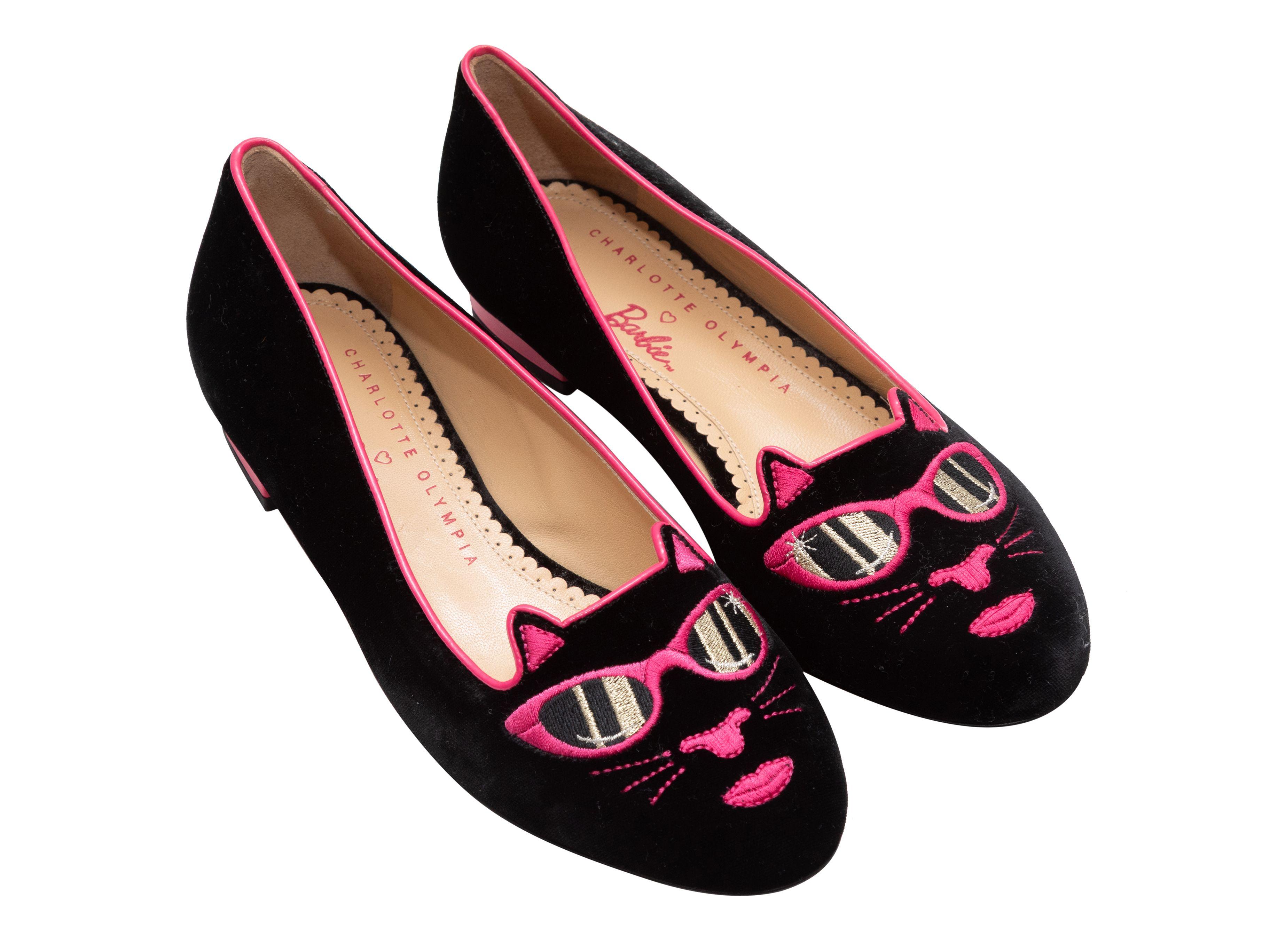 Charlotte Olympia - Chaussures chat en velours et cuir noir et rose vif Bon état à New York, NY