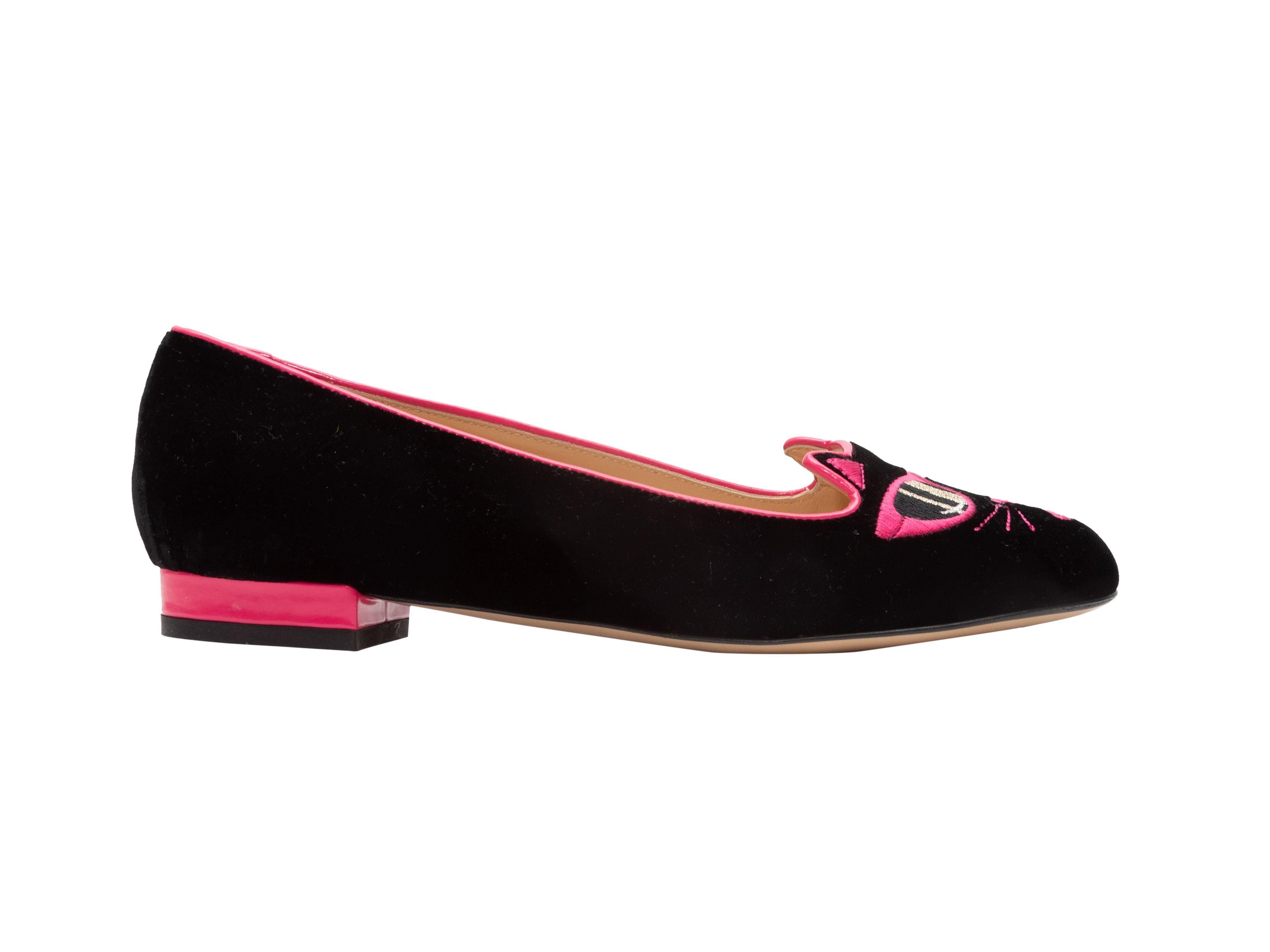 Charlotte Olympia - Chaussures chat en velours et cuir noir et rose vif 2