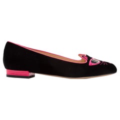 Charlotte Olympia - Chaussures chat en velours et cuir noir et rose vif