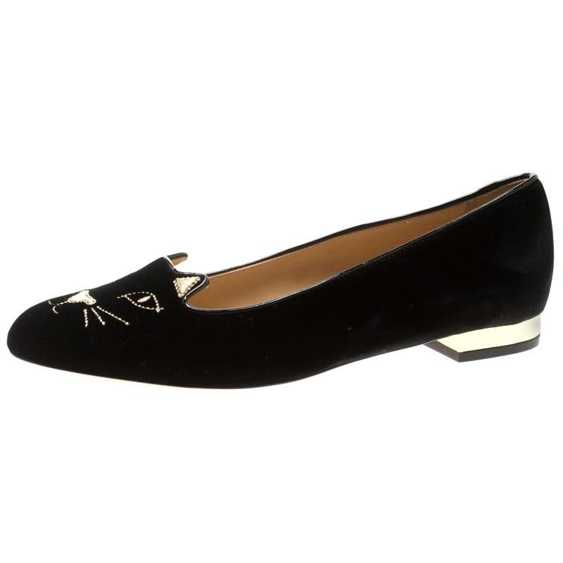 Charlotte Olympia Black Kitty Embroidered Velvet Flats Size 41 For Sale ...