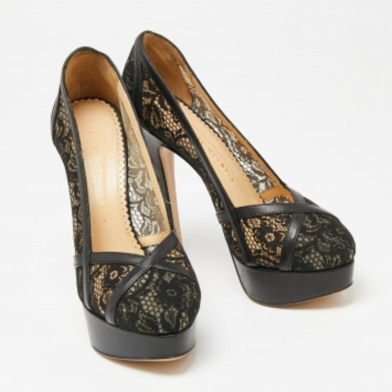 Charlotte Olympia - Escarpins à plateforme en cuir et dentelle noirs - Taille 38,5 Pour femmes en vente