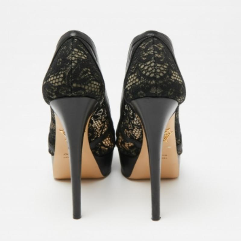 Charlotte Olympia - Escarpins à plateforme en cuir et dentelle noirs - Taille 38,5 en vente 1