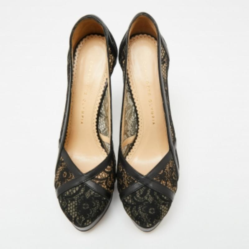 Charlotte Olympia - Escarpins à plateforme en cuir et dentelle noirs - Taille 38,5 en vente 2