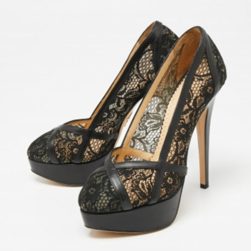 Charlotte Olympia - Escarpins à plateforme en cuir et dentelle noirs - Taille 38,5 en vente 3