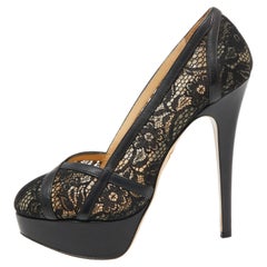 Charlotte Olympia Bombas de plataforma de cuero negro y encaje talla 38.5