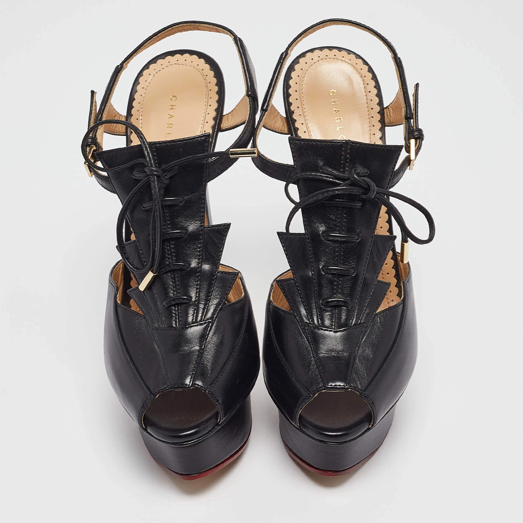 Charlotte Olympia Black Leather Ankle Strap Sandals Size 35 In Excellent Condition In Dubai, Al Qouz 2