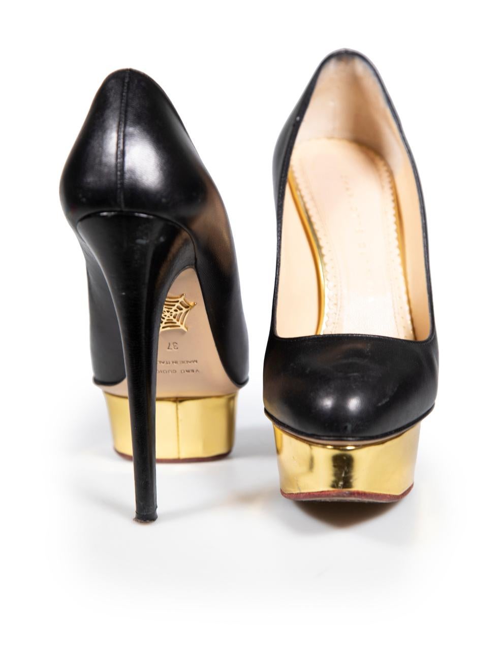 Charlotte Olympia Black Leather Dolly Platform Heels Size IT 37 In Good Condition For Sale In London, GB