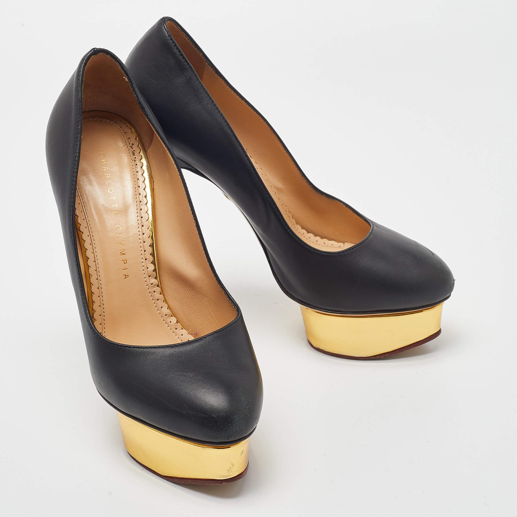 Women's Charlotte Olympia Black Leather Dolly Platform Pumps Size 38 For Sale