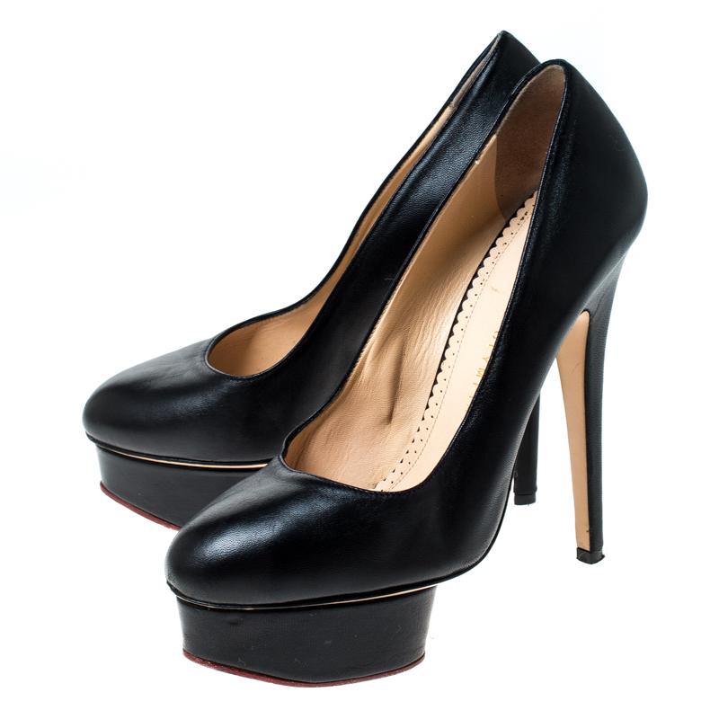 Women's Charlotte Olympia Black Leather Dolly Platform Pumps Size 38