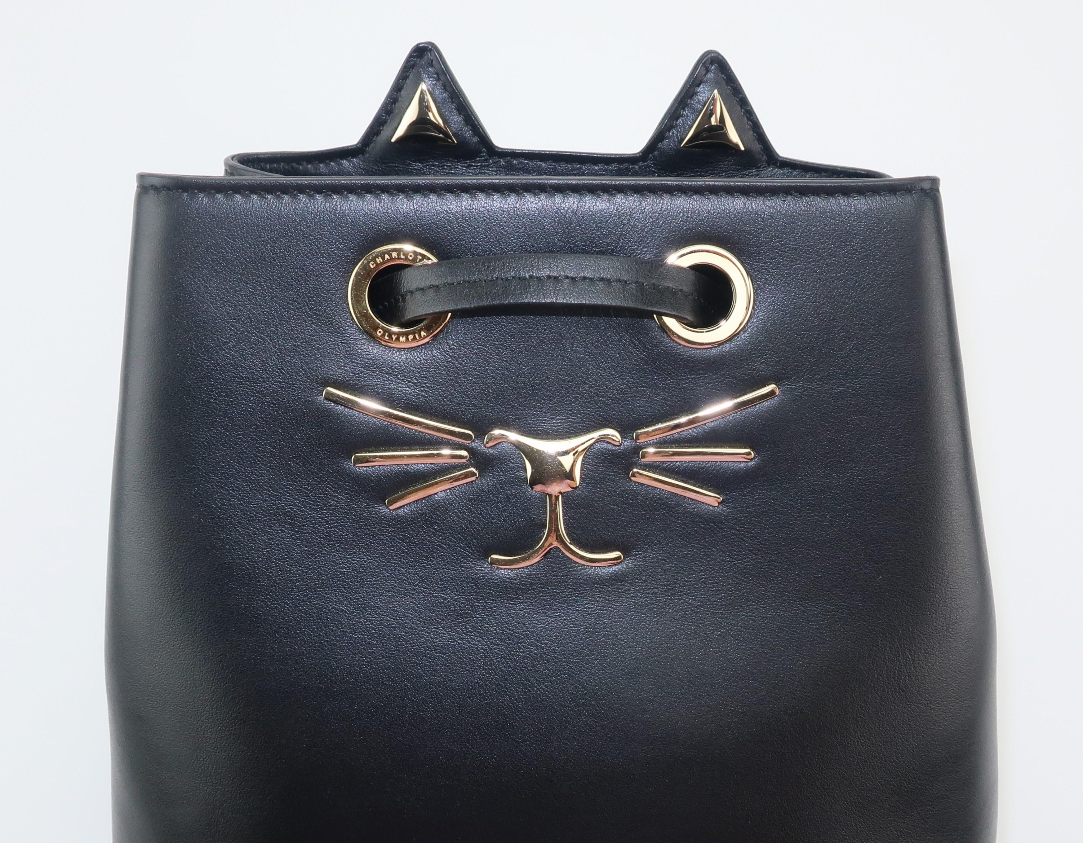 Charlotte Olympia Black Leather Kitty Bucket Handbag 6