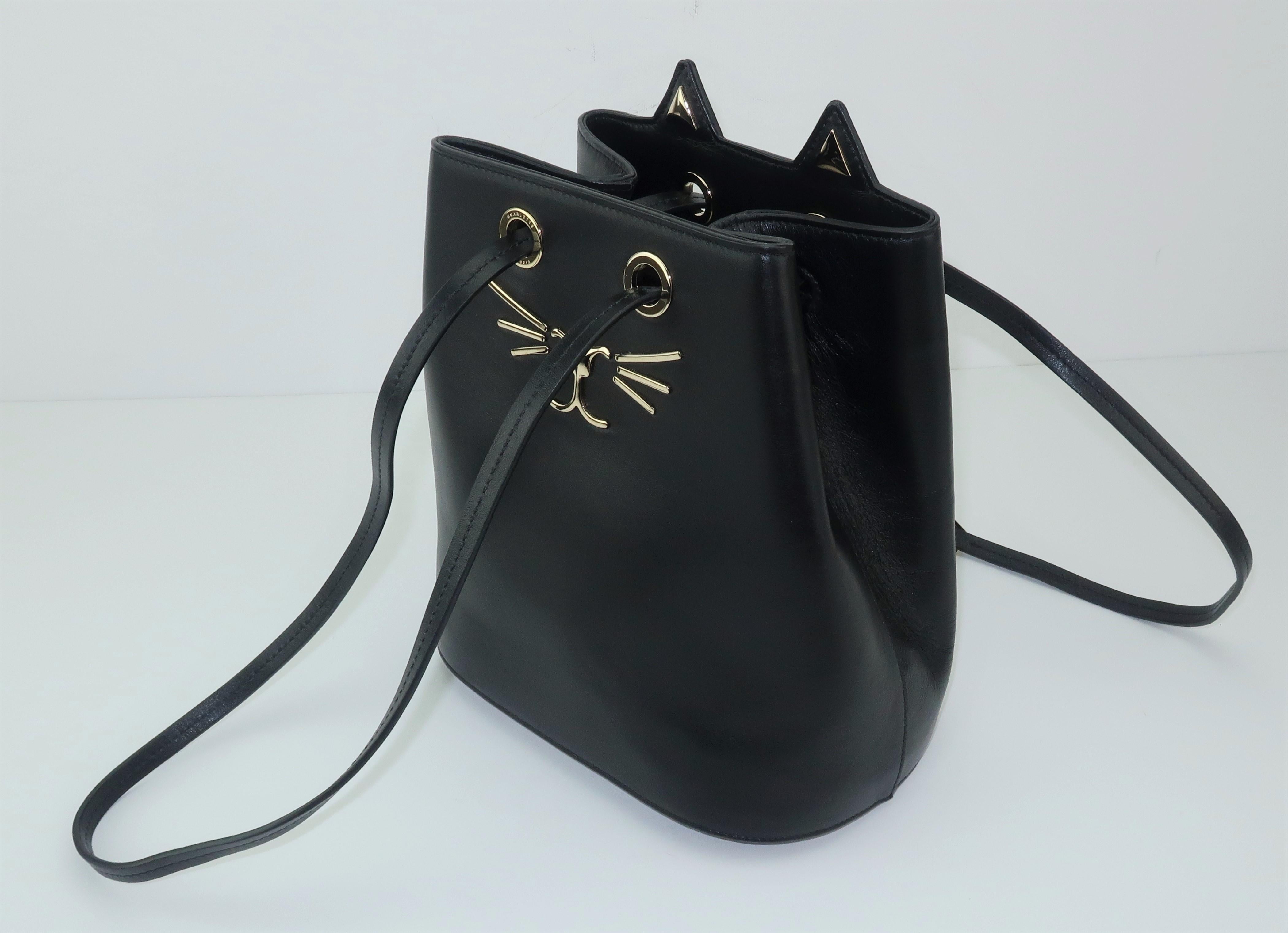 Women's Charlotte Olympia Black Leather Kitty Bucket Handbag