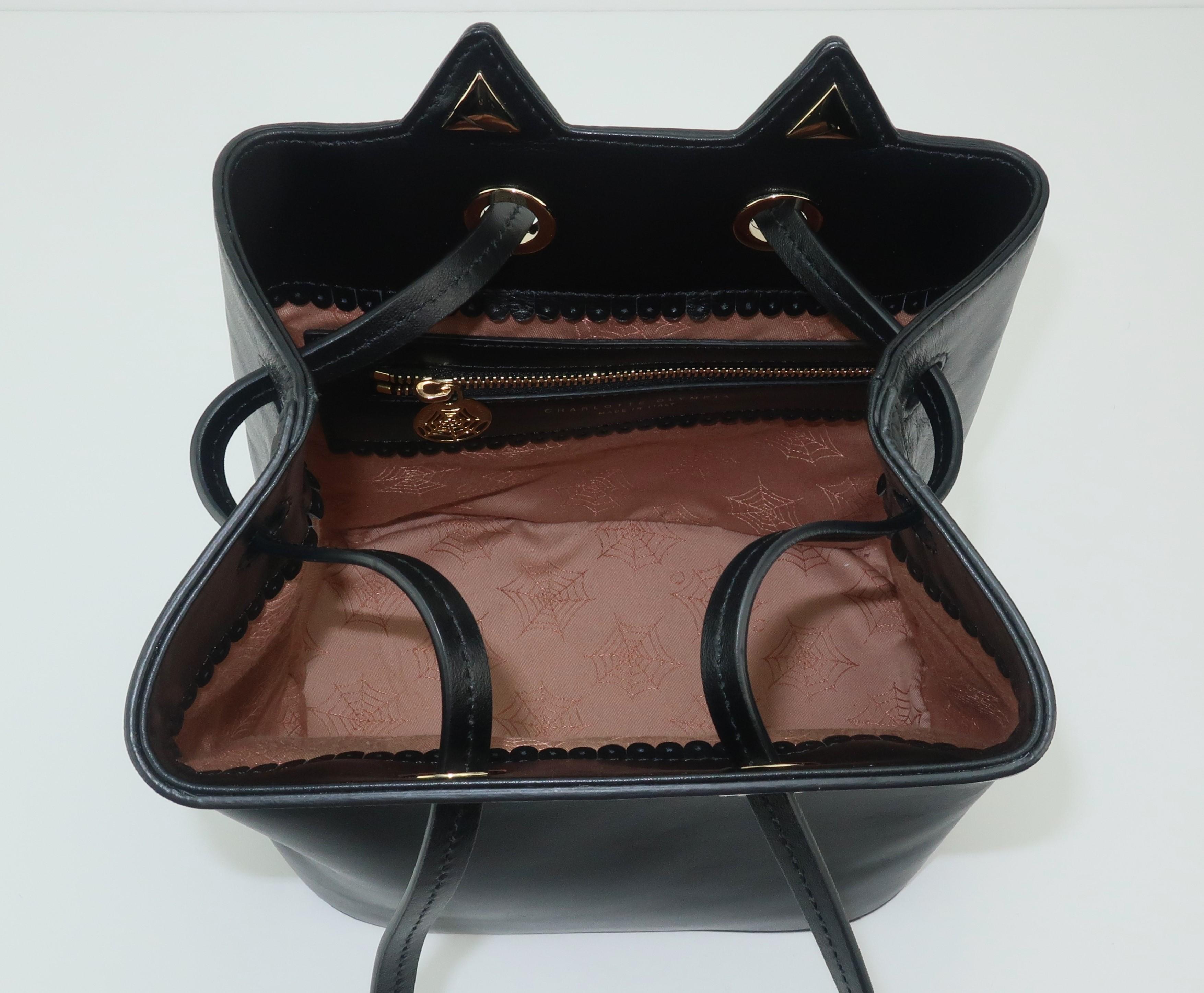 Charlotte Olympia Black Leather Kitty Bucket Handbag 1