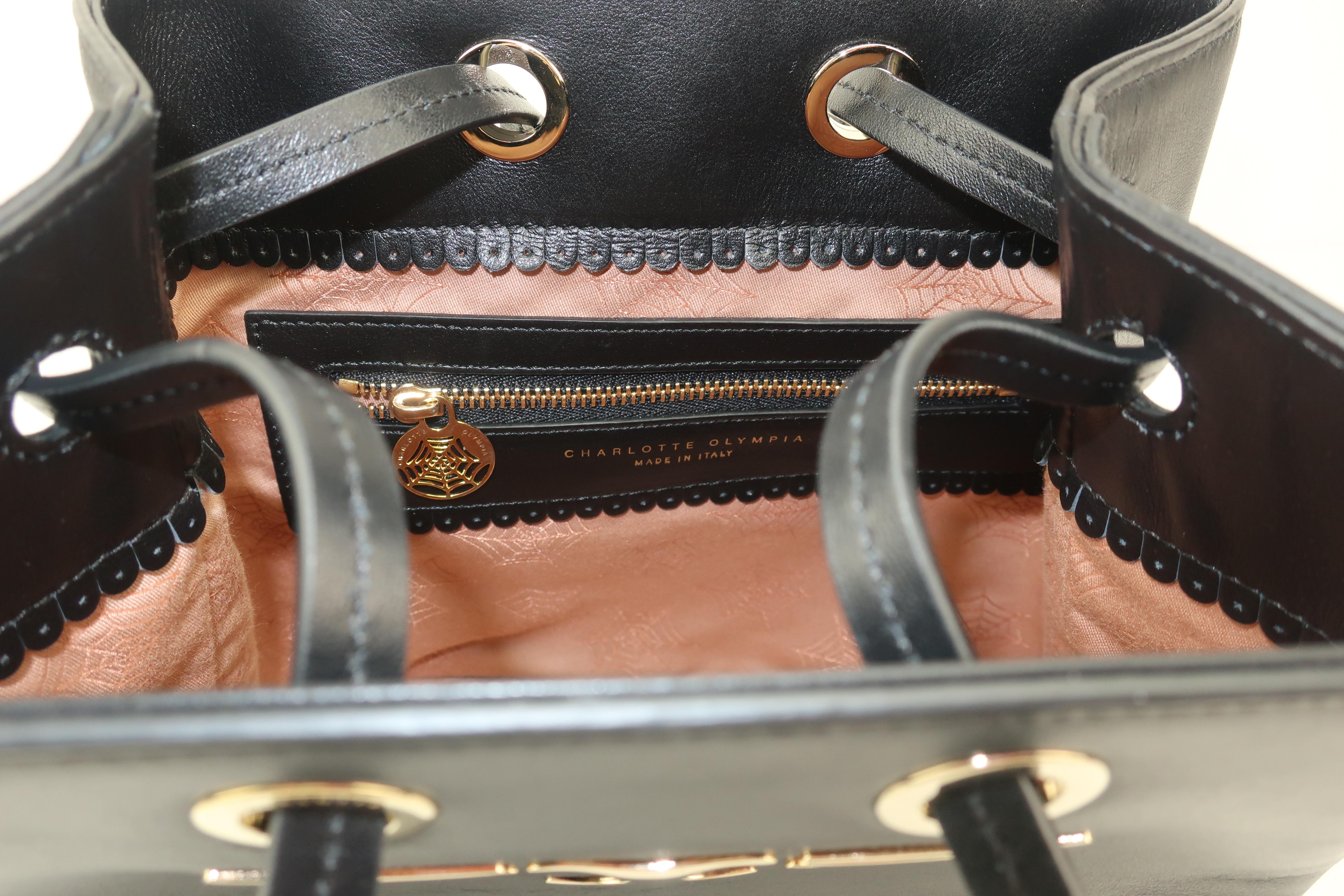 Charlotte Olympia Black Leather Kitty Bucket Handbag 2