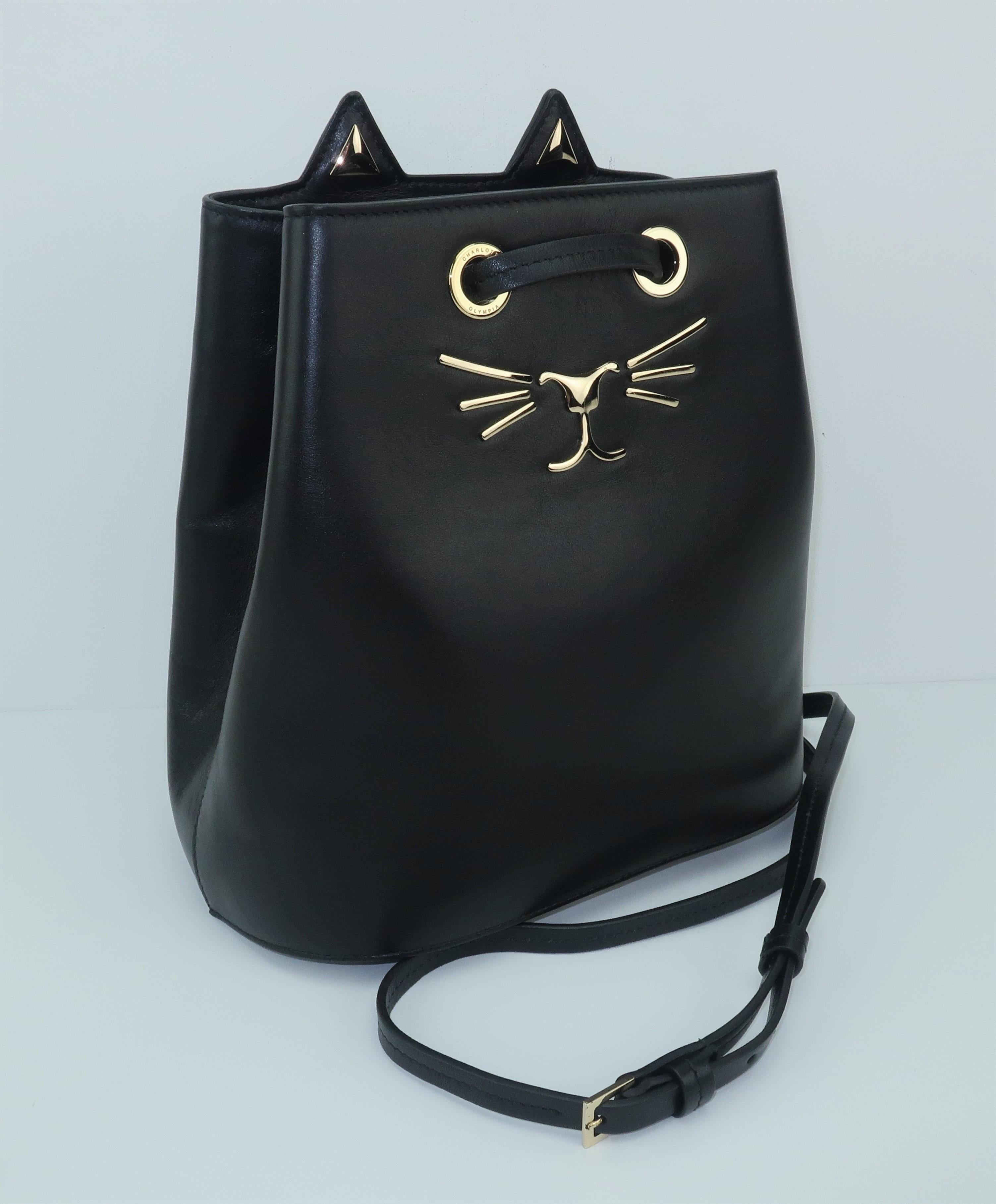 Charlotte Olympia Black Leather Kitty Bucket Handbag 3