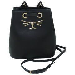 Charlotte Olympia Black Leather Kitty Bucket Handbag
