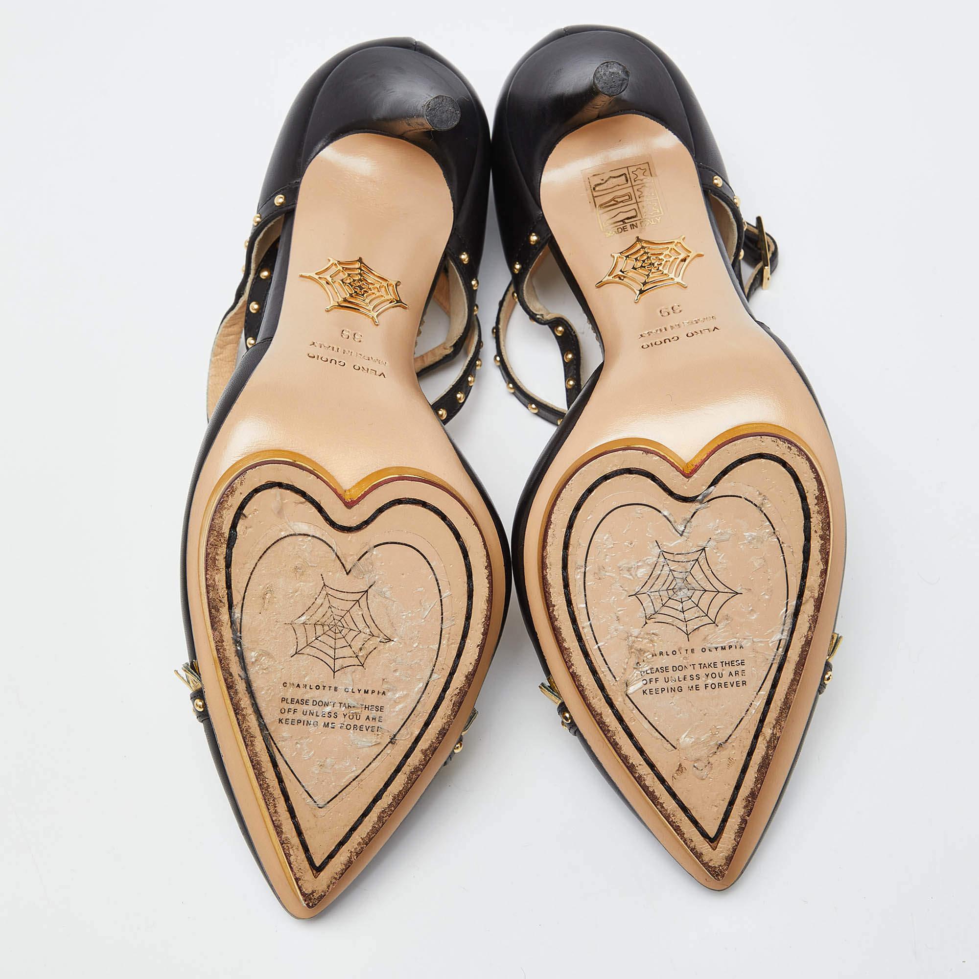 Charlotte Olympia - Escarpins cloutés en cuir noir à bout pointu et à bride de cheville - Taille 39 en vente 1
