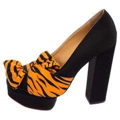 Charlotte Olympia Black/Orange Zebra Print Satin Dolly Bow Pumps Size 37.5