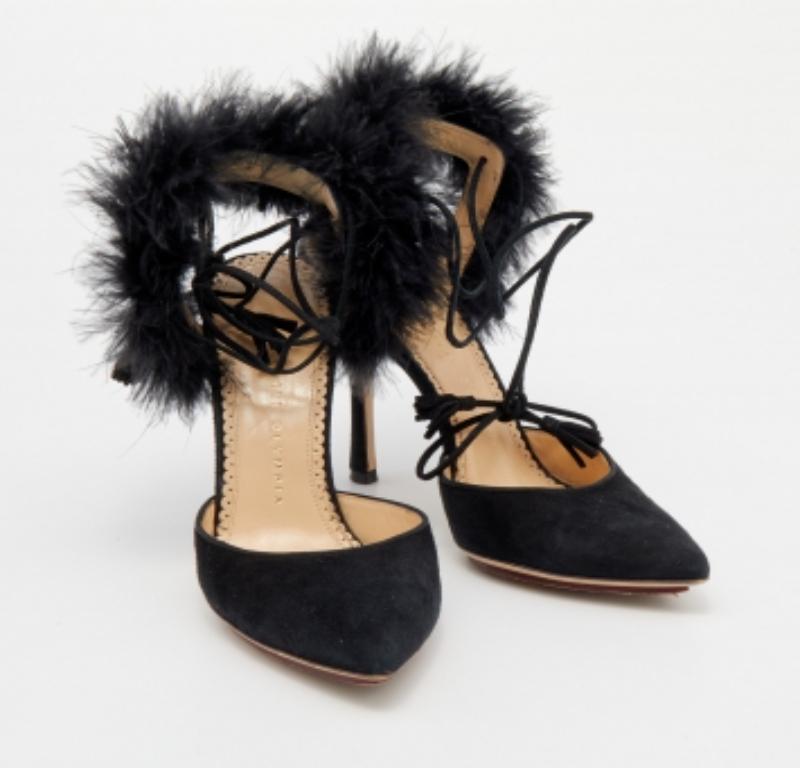 Women's Charlotte Olympia Black Ostrich Feather and Suede Sandals Size 36 For Sale