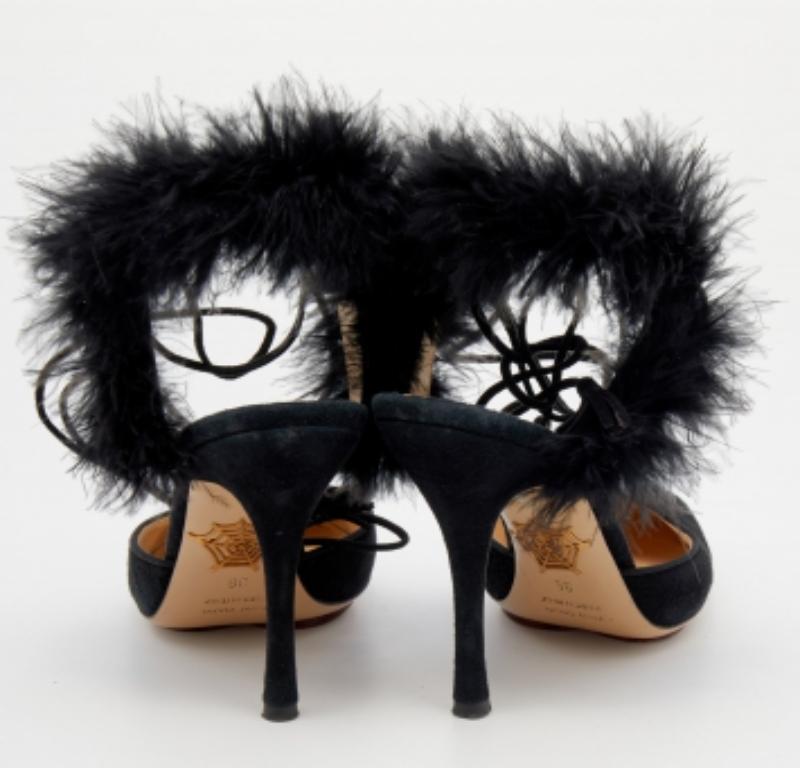 Charlotte Olympia Black Ostrich Feather and Suede Sandals Size 36 For Sale 2