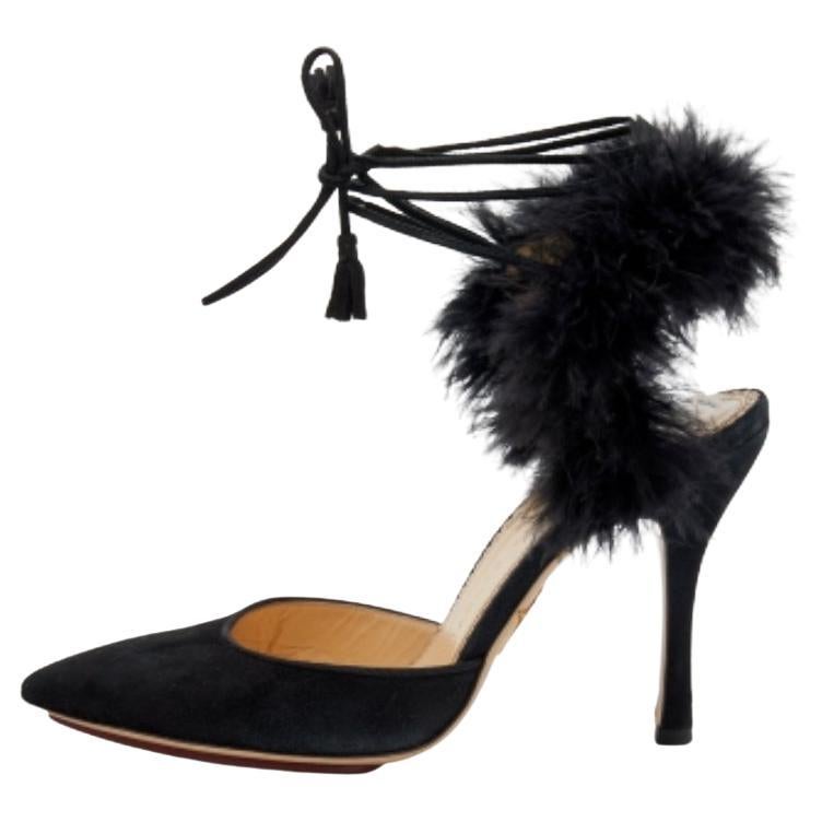 Charlotte Olympia Black Ostrich Feather and Suede Sandals Size 36 For Sale
