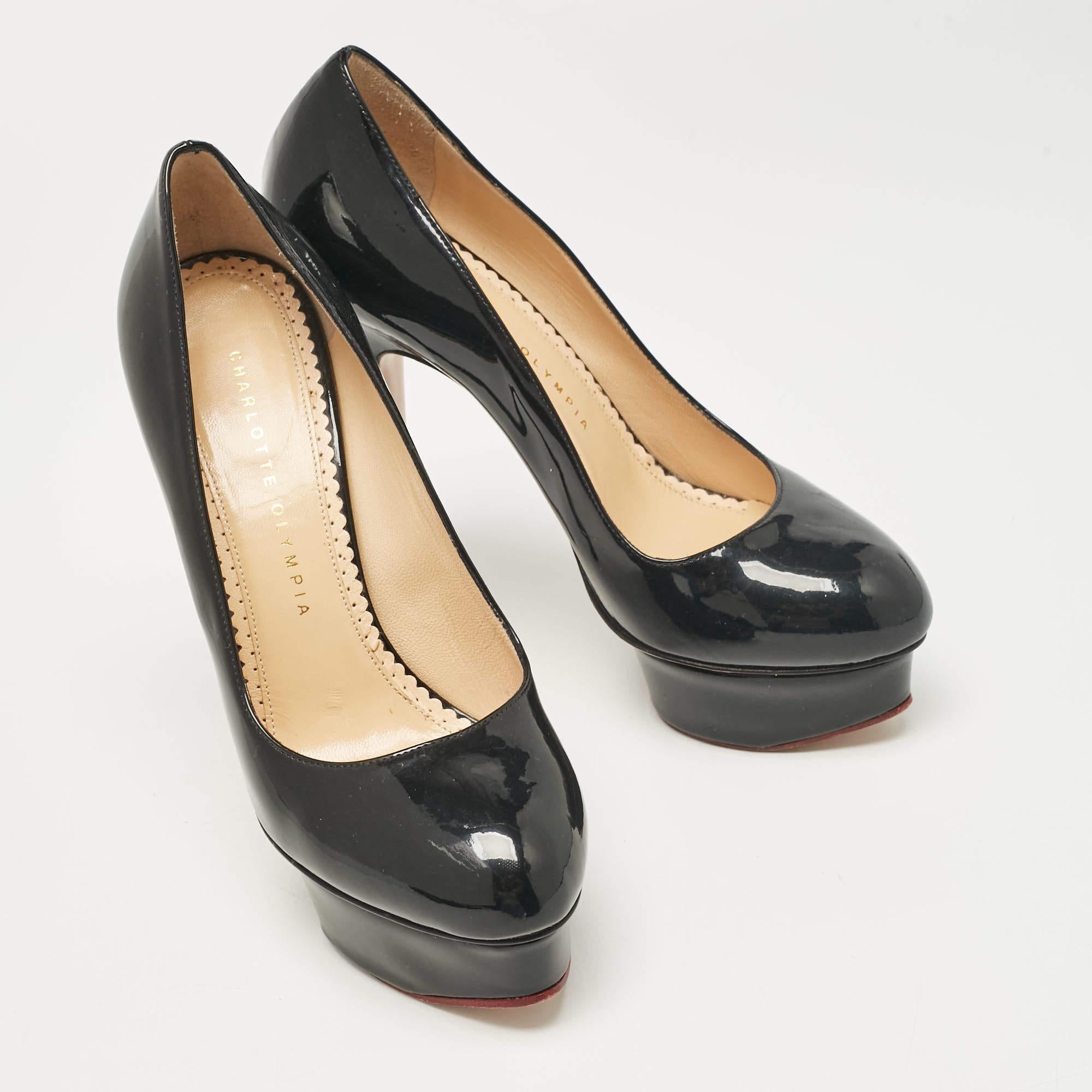 Women's Charlotte Olympia Black Patent Leather Dolly Platform Pumps size 38 For Sale