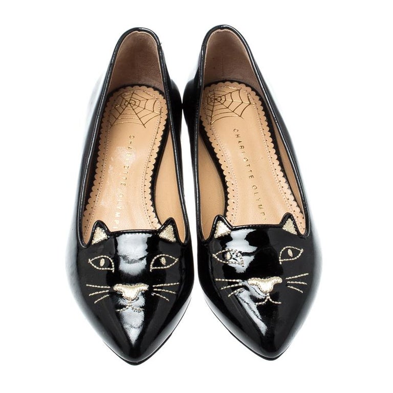 Charlotte Olympia Black Patent Leather Mid Century Kitty Ballet Flats