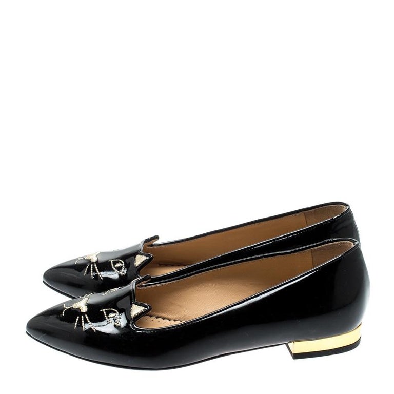 Charlotte Olympia Black Patent Leather Mid Century Kitty Ballet Flats