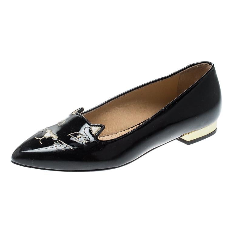 Charlotte Olympia Black Patent Leather Mid Century Kitty Ballet Flats Size  35 For Sale at 1stDibs