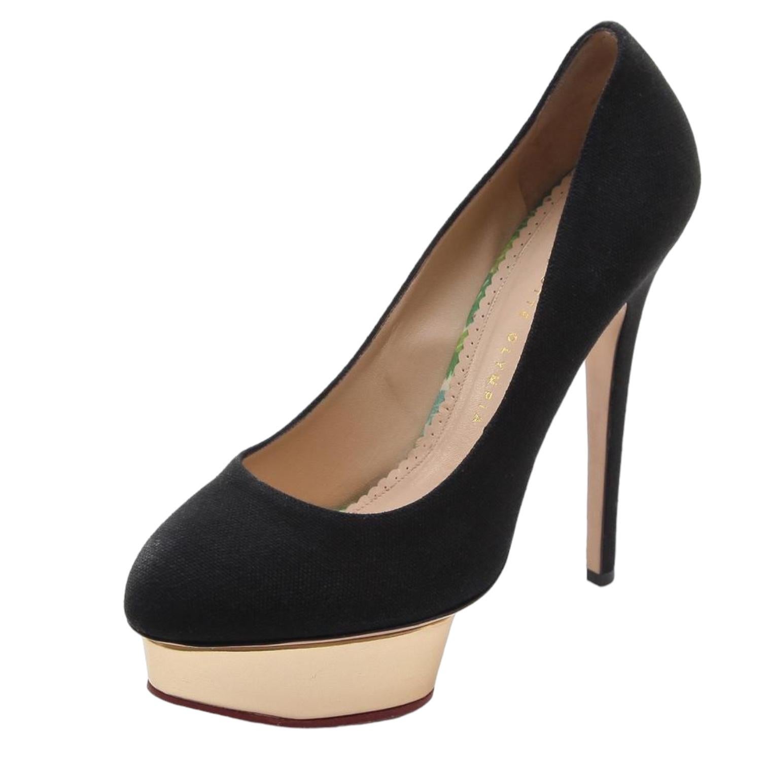 Nero CHARLOTTE OLYMPIA Pompa con plateau nero DOLLY Tacco in tela d'oro Sz 40 in vendita