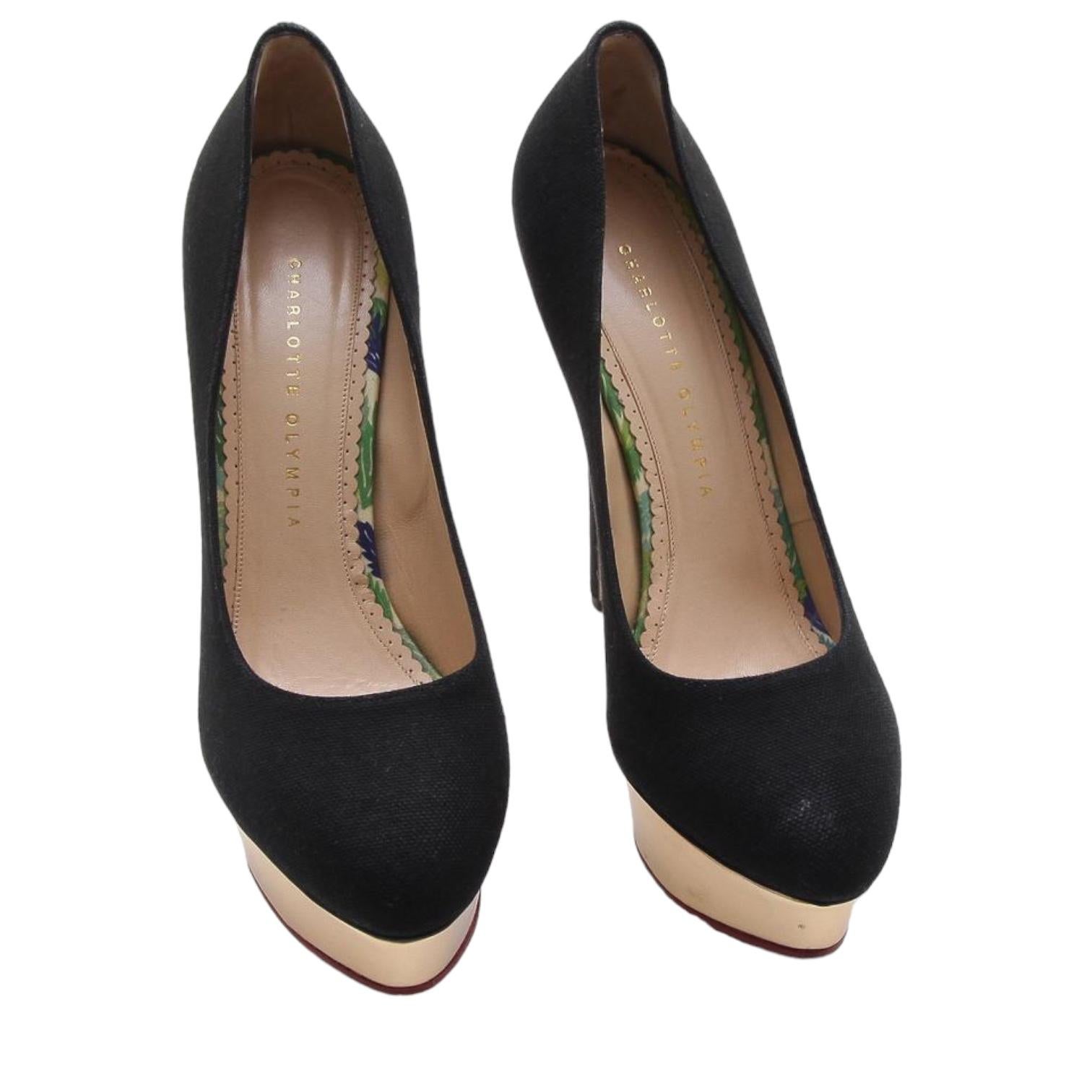 Donna CHARLOTTE OLYMPIA Pompa con plateau nero DOLLY Tacco in tela d'oro Sz 40 in vendita