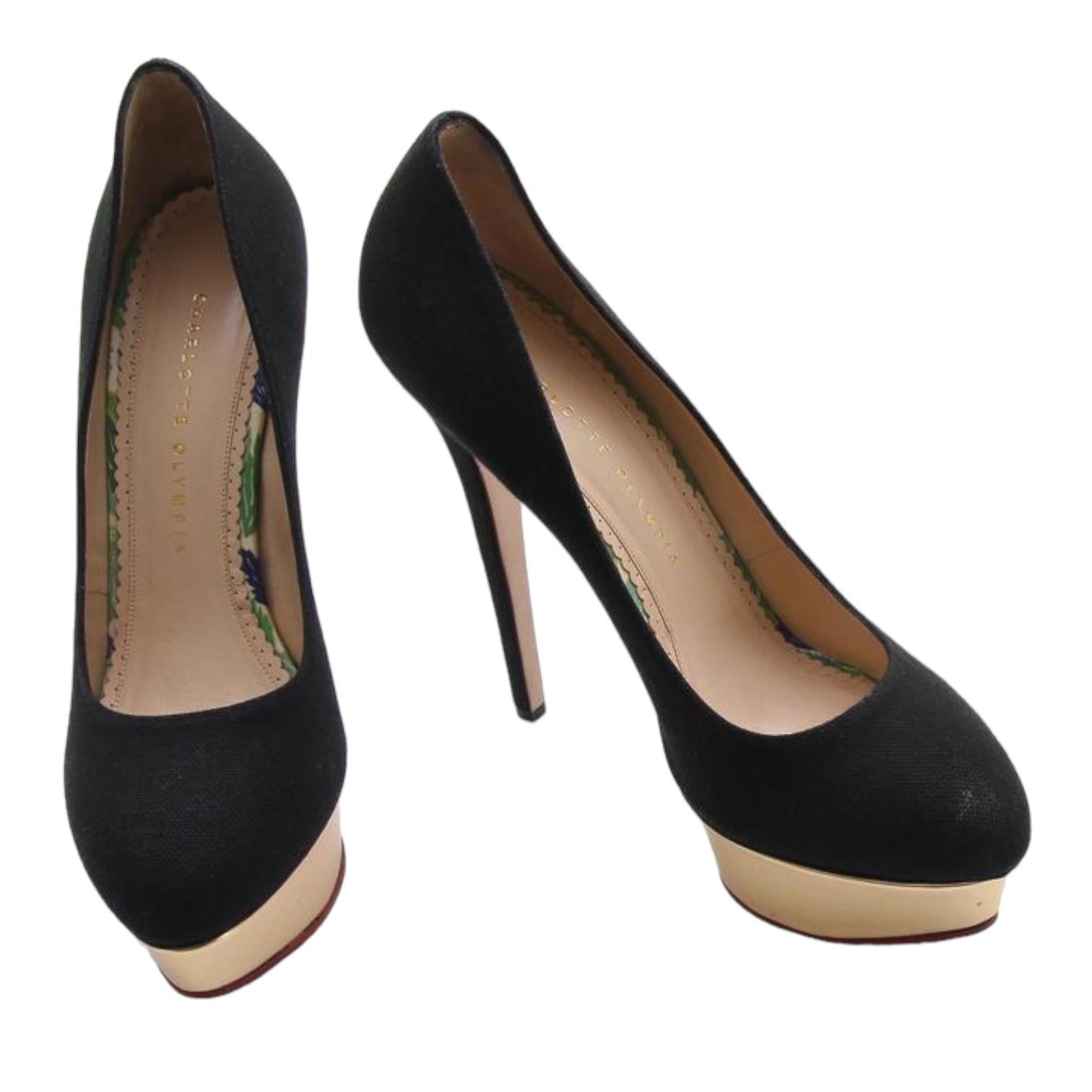 CHARLOTTE OLYMPIA Pompa con plateau nero DOLLY Tacco in tela d'oro Sz 40 in vendita 2