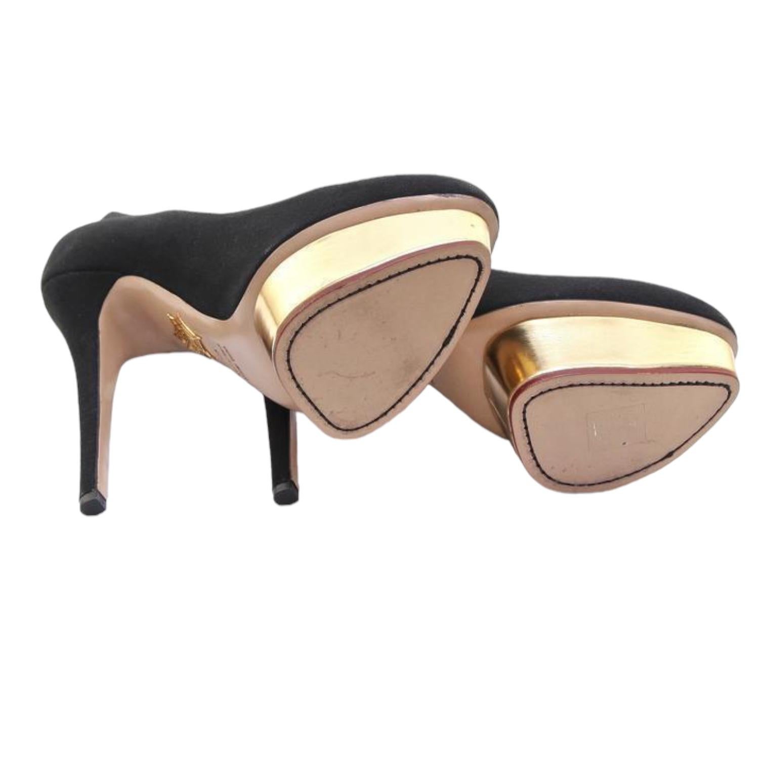 CHARLOTTE OLYMPIA Pompa con plateau nero DOLLY Tacco in tela d'oro Sz 40 in vendita 3