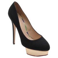 CHARLOTTE OLYMPIA Pompa con plateau nero DOLLY Tacco in tela d'oro Sz 40