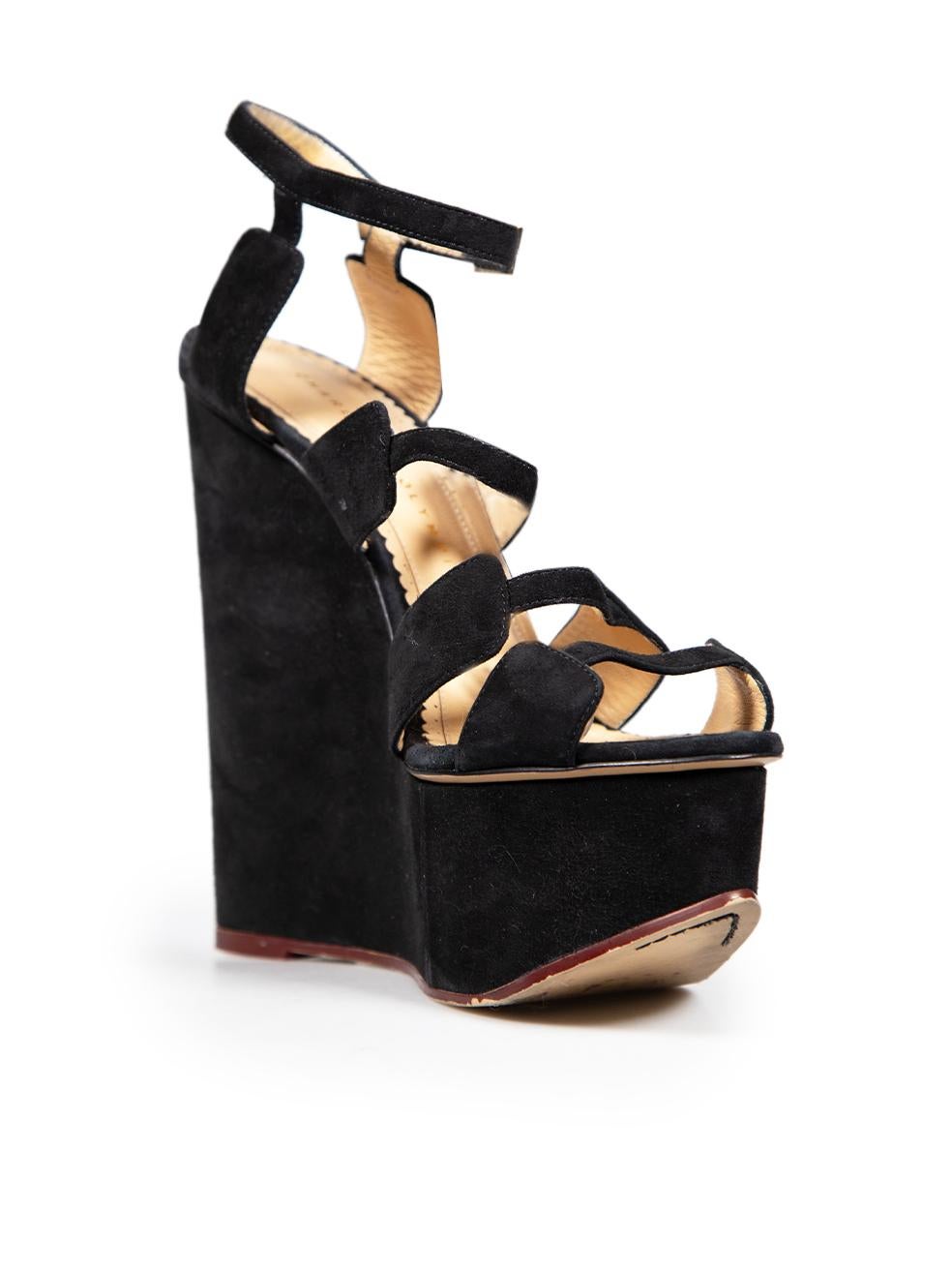 CONDITION is Good. General wear to heels is evident. Light signs of wear with abrasions and discolouration on the sides, platforms, and toe tips of both shoes on this used Charlotte Olympia designer resale item.
 
 Details
 
 
 Black
 
 Suede
 
