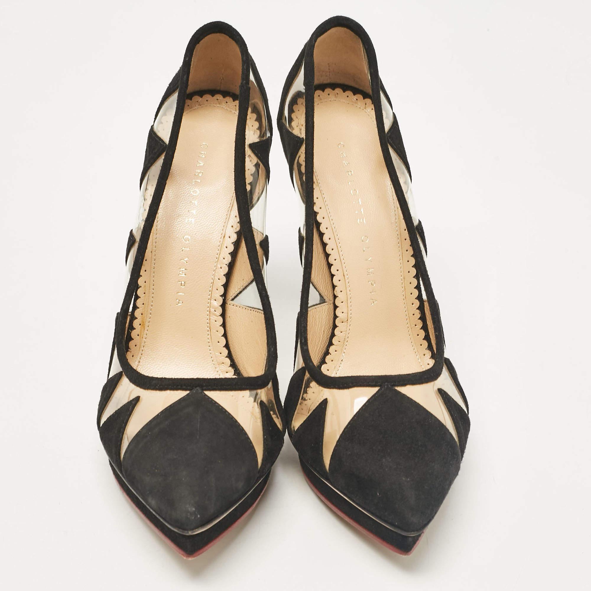 Charlotte Olympia Black PVC and Suede Platform Pumps Size 37.5 In Good Condition For Sale In Dubai, Al Qouz 2
