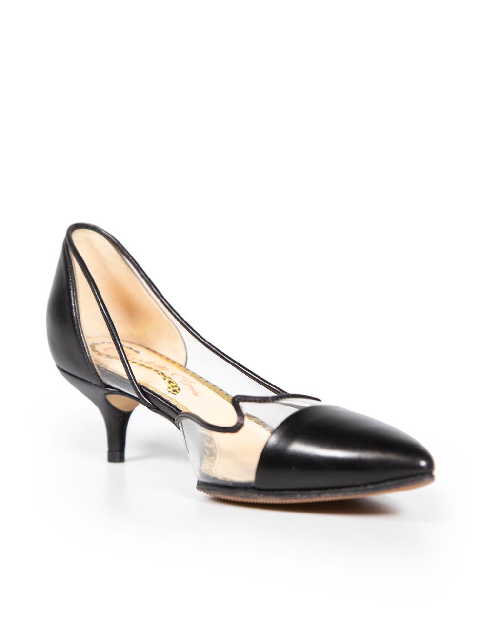 CONDITION is Very good. Hardly any visible wear to pumps is evident. However, these shoes has been partially re-soled on this used Charlotte Olympia designer resale item.
 
 
 
 Details
 
 
 Black
 
 PVC
 
 Slip on heels
 
 Contrast leather and PVC