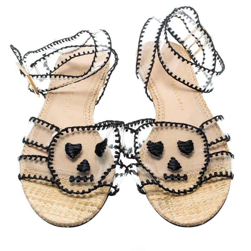 Beige Charlotte Olympia Black PVC Lupita Skull Ankle Wrap Flat Sandals Size 39.5