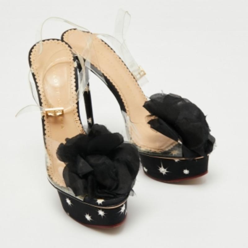 Charlotte Olympia Black PVC & Satin Pomoline Pom Pom Platform Sandals Size 37.5 For Sale 1