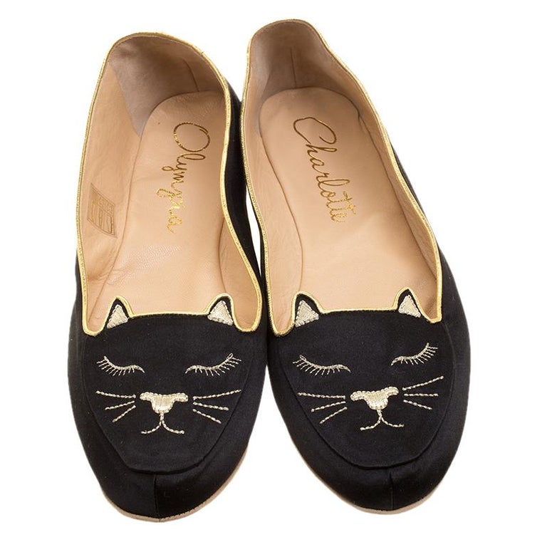 Charlotte Olympia Black Satin Cat Nap Slipper Set L For Sale at 1stDibs