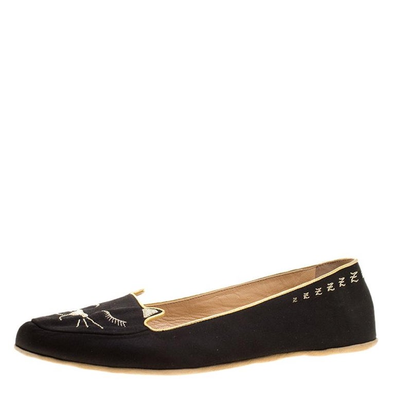 Charlotte Olympia Black Satin Cat Nap Slipper Set L For Sale at 1stDibs