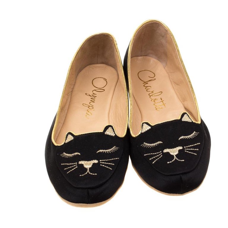 Charlotte Olympia Black Satin Cat Nap Slipper Set S For Sale at 1stDibs