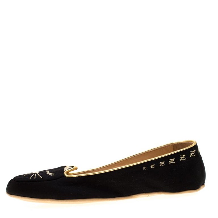 Charlotte Olympia Black Satin Cat Nap Slipper Set S at 1stDibs