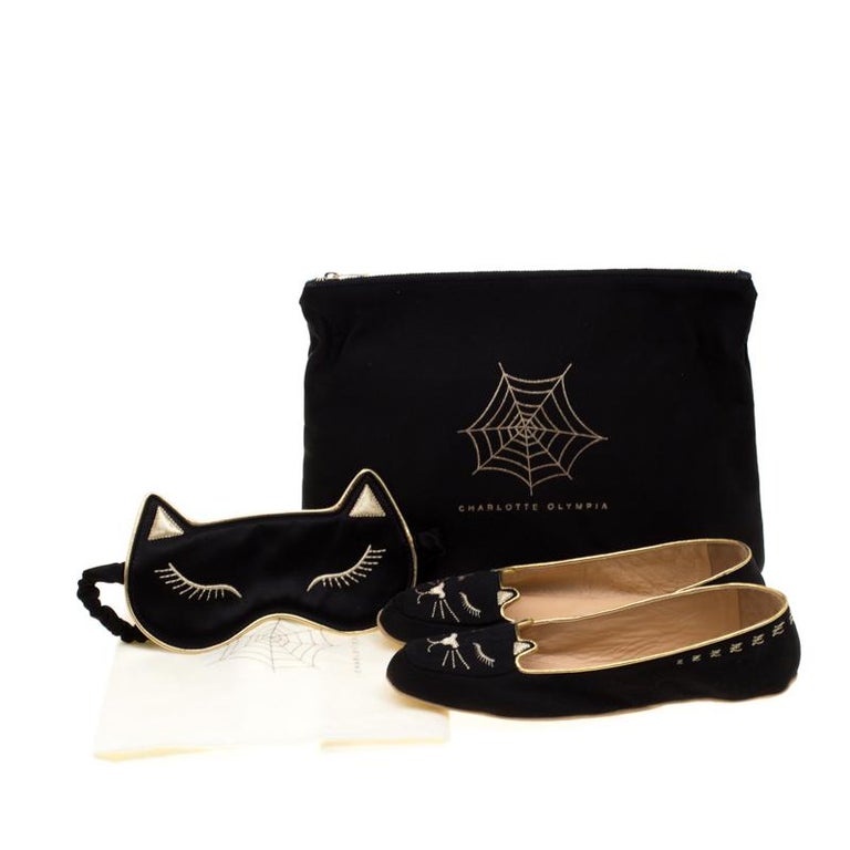 Charlotte Olympia Black Satin Cat Nap Slipper Set S at 1stDibs