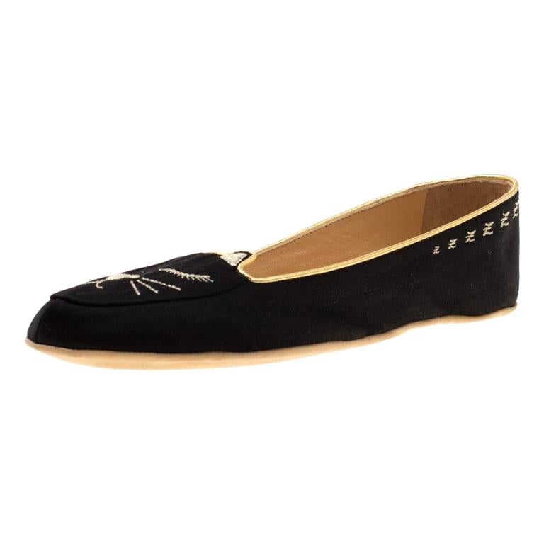 Charlotte Olympia Black Satin Cat Nap Slipper Set S at 1stDibs