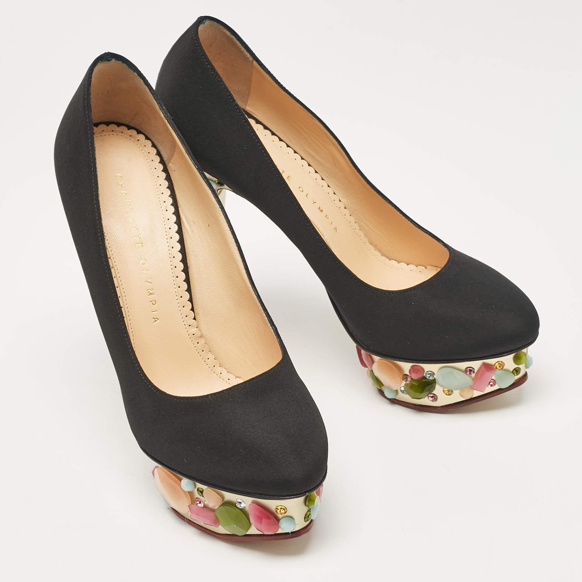 Charlotte Olympia Schwarze Satin Dolly Plateau Pumps Größe 37,5 Damen