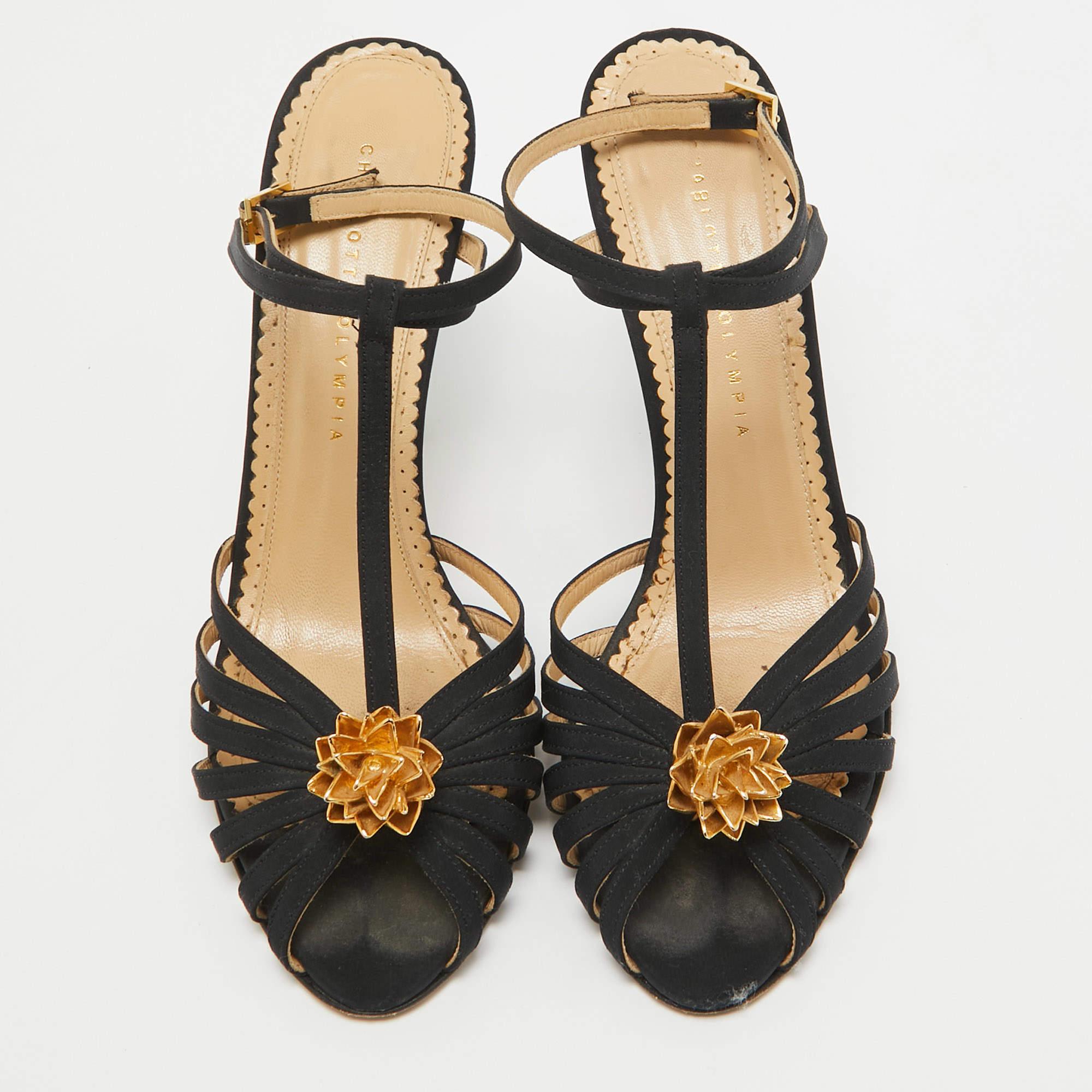 Charlotte Olympia Black Satin Flower Detail Ankle Strap Sandals Size 40 In Fair Condition For Sale In Dubai, Al Qouz 2