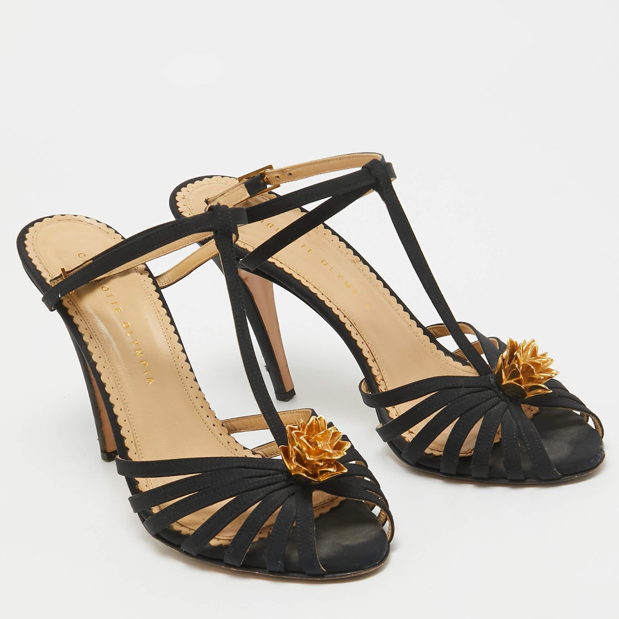 Women's Charlotte Olympia Black Satin Flower Detail Ankle Strap Sandals Size 40 For Sale