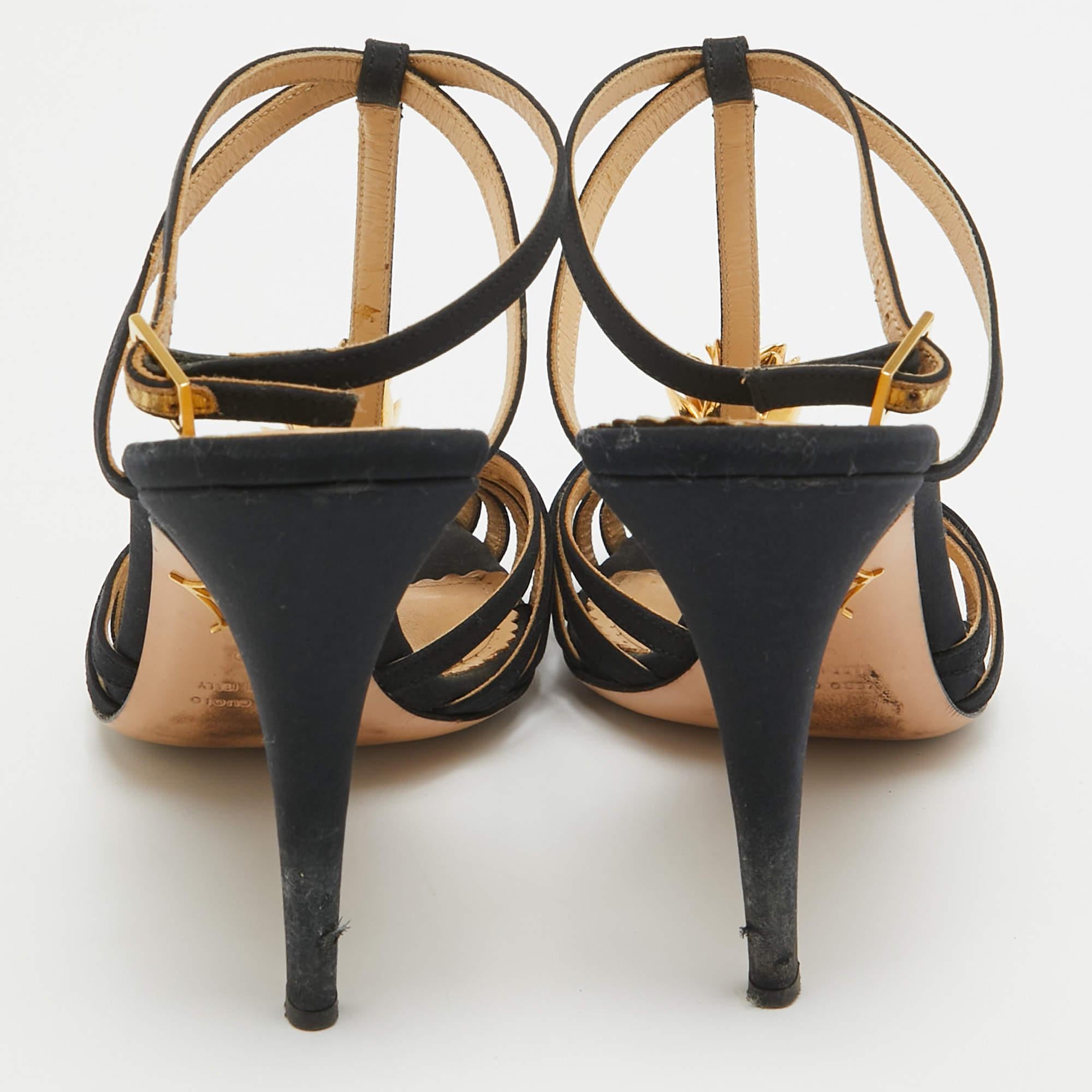 Charlotte Olympia Black Satin Flower Detail Ankle Strap Sandals Size 40 For Sale 1