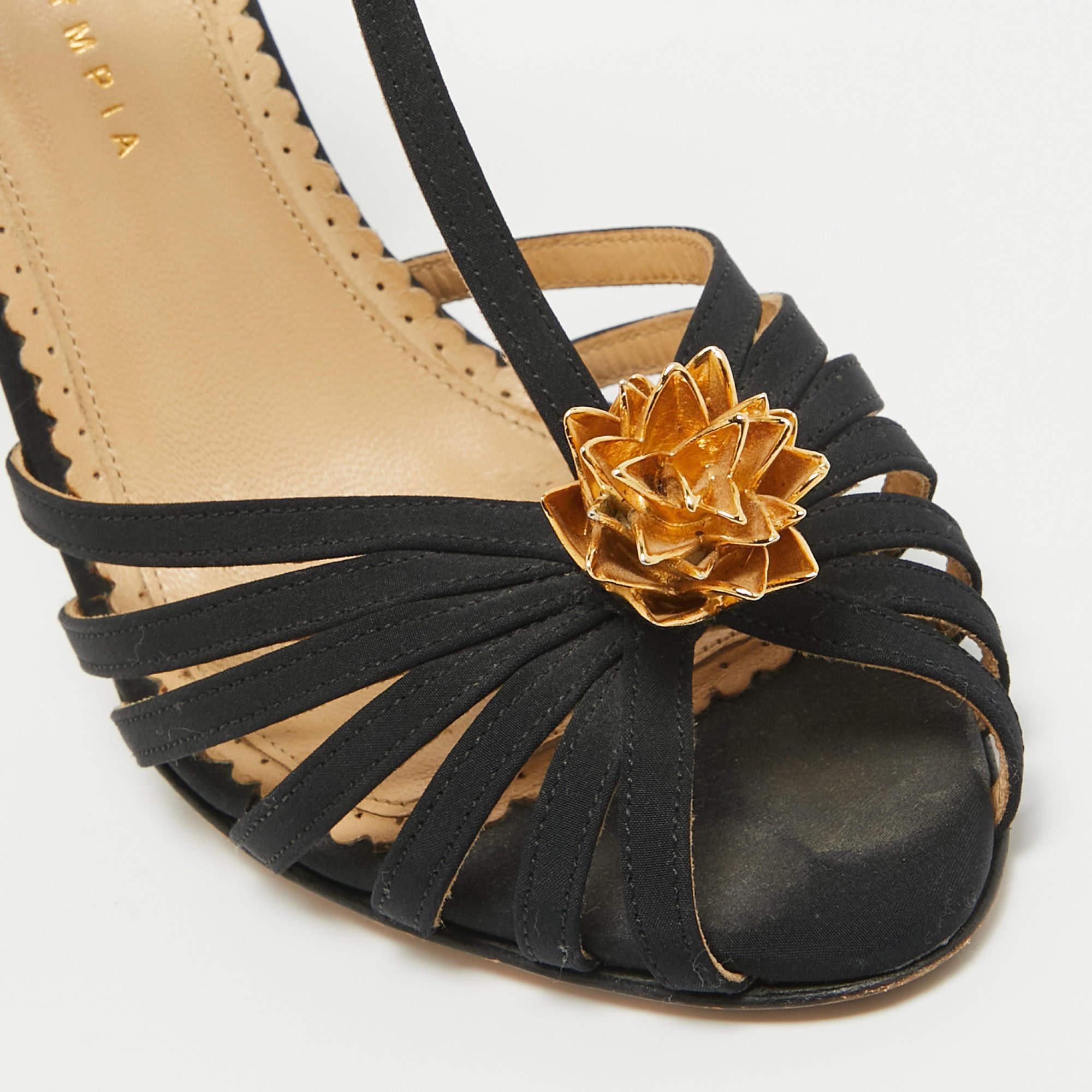 Charlotte Olympia Black Satin Flower Detail Ankle Strap Sandals Size 40 For Sale 3